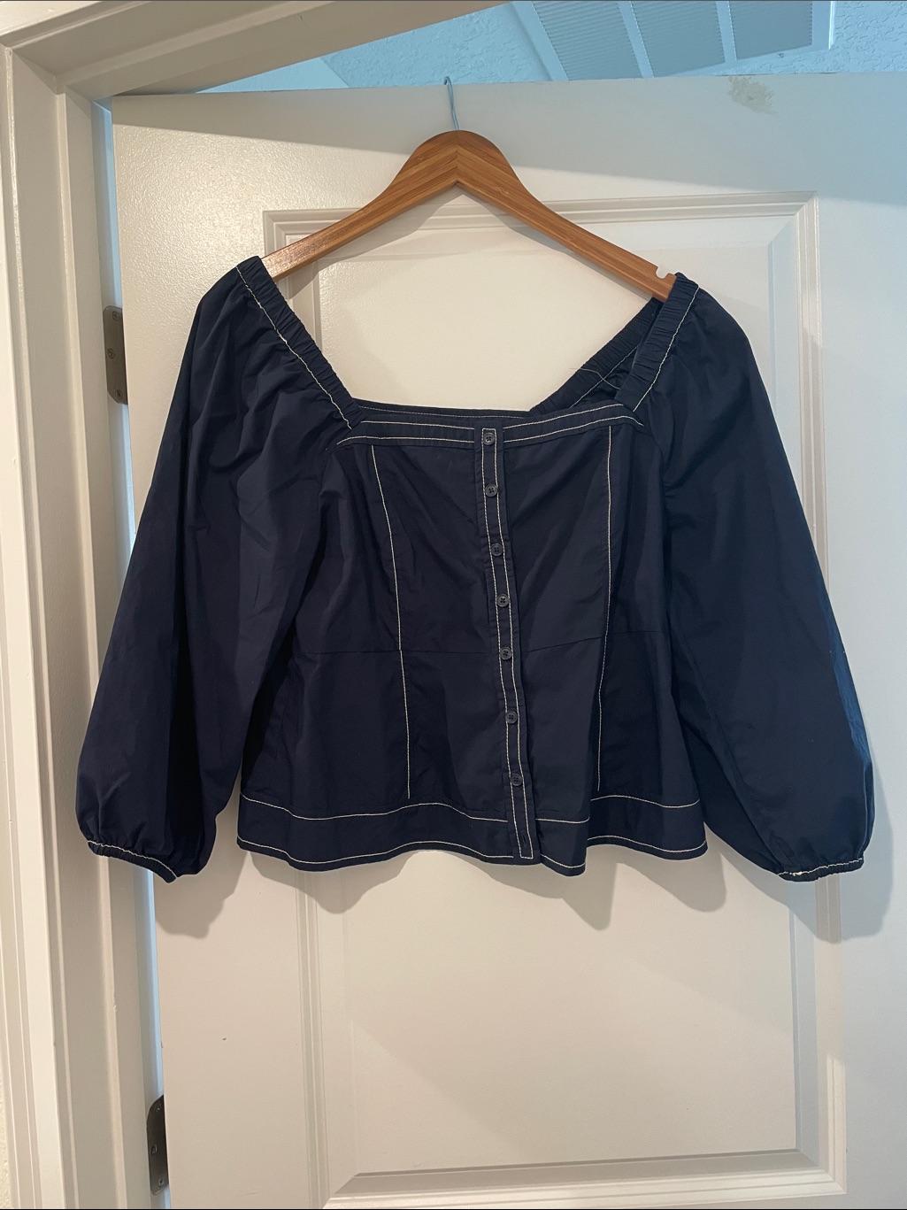 Loft Navy Button-Front Peasant Blouse Small 100% Cotton